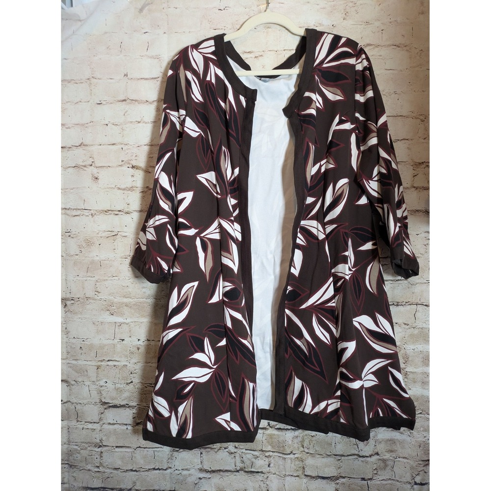 Catherines Open Front Jacket Women's 1X Chocolate Brown Tropical Leaf Print Long